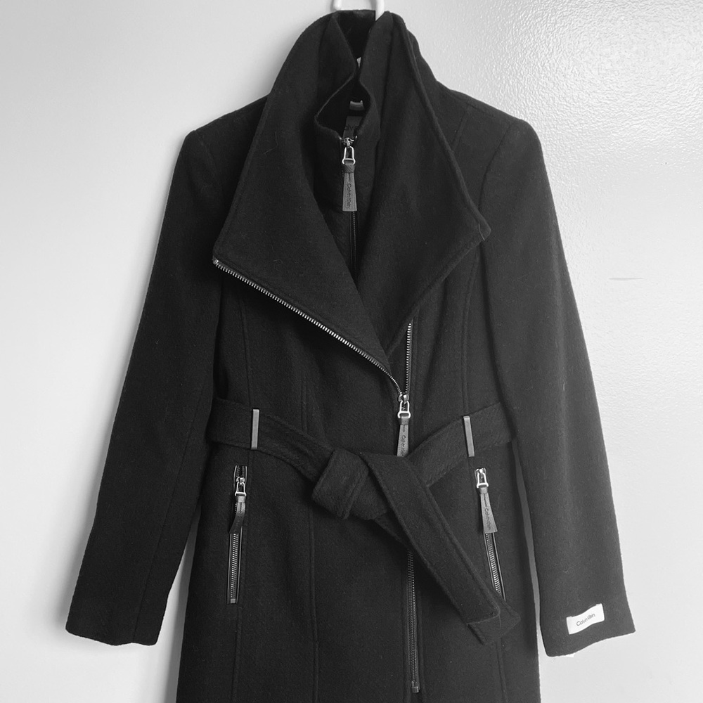 Calvin Klein Black Womens Blend Belted Wrap Coat